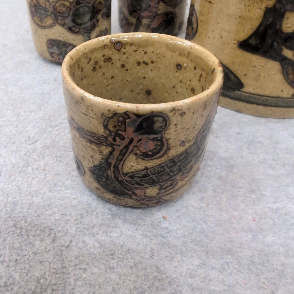 Vintage Hand Painted Ceramic Tea Set Teapot 6 Cups Bird Floral Speckled Tan - Picture 6 of 13